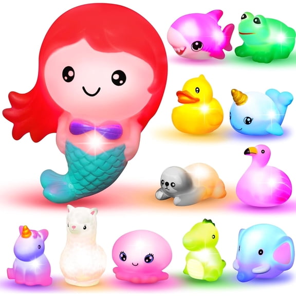 12Pcs Light Up Bath Toys, Toddler Flashing Colourful LED Bathtub Mermaid Toy, Baby Bathtime Floating Rubber Shower Toy for Infant Baby Kids Boy Girl Birthday Valentines Gift Swimming Pool Party