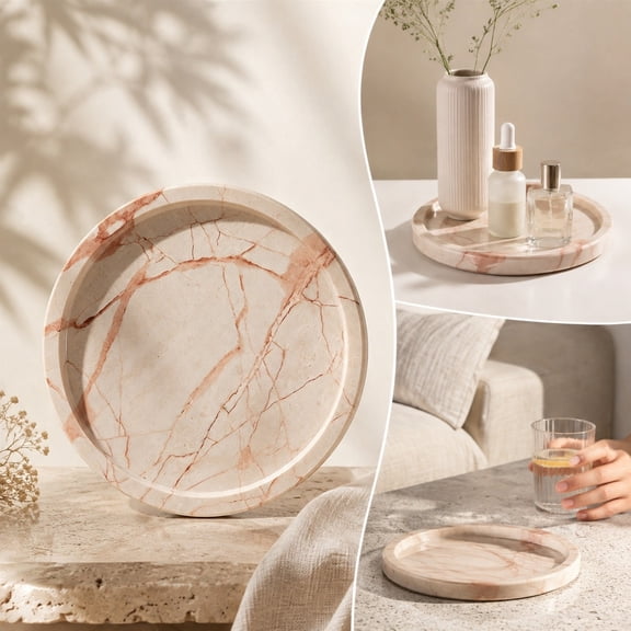 Natural Marble Round Tray, Multi-purpose Decorative Tray for Jewelry Perfume Cosmetic Candle, Non Slip Waterproof Catchall Tray for Bathroom Kitchen Living Room Home Decor