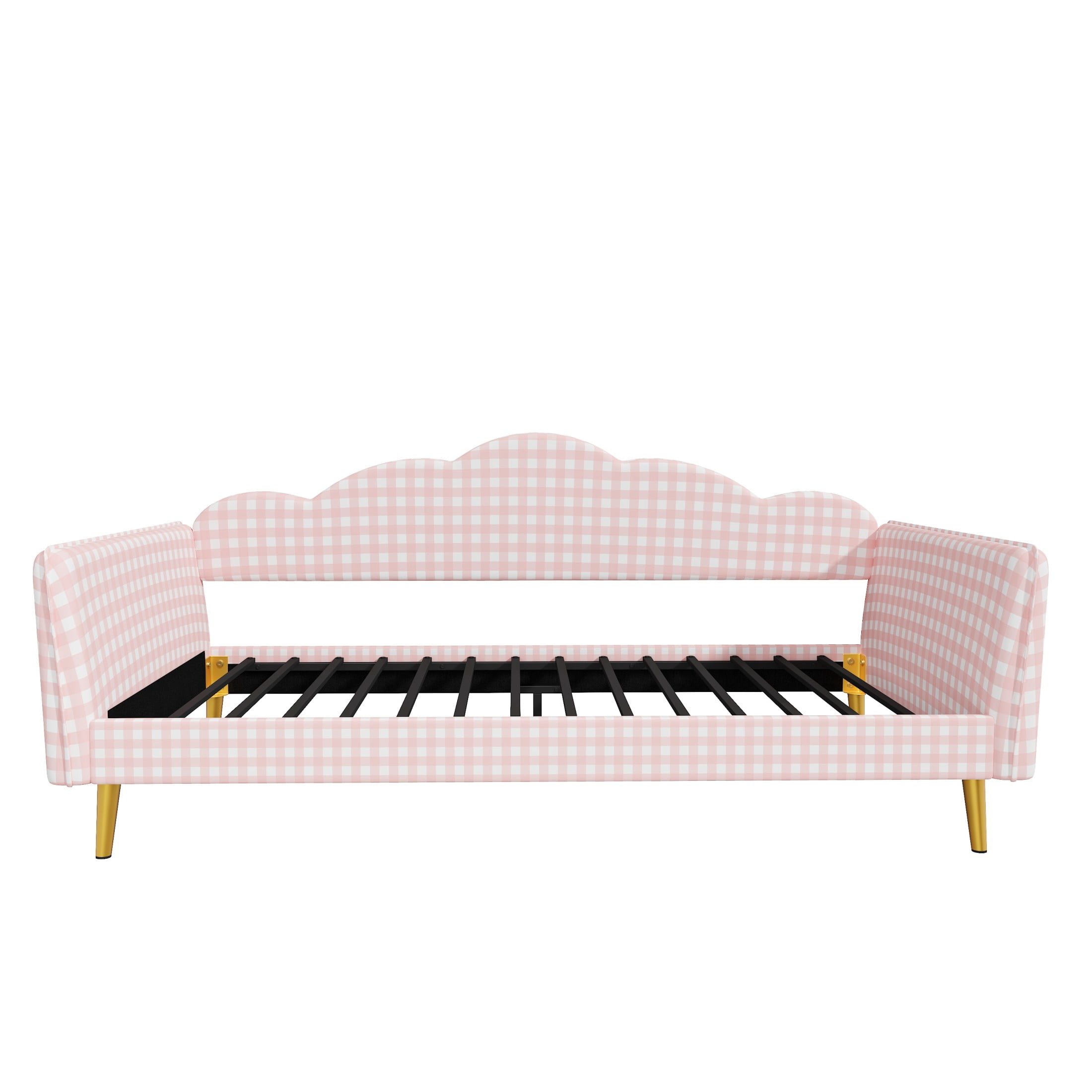 Noble House Jocast Twin Size Upholstered Platform Daybed, Gingham Pattern Headboard and Side Armrests, Pink