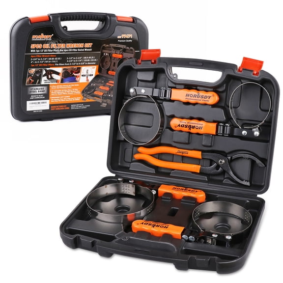 HORUSDY 5PCS Oil Filter Removal Set Swivel Wrench & 12" Adjustable Pliers w/Case
