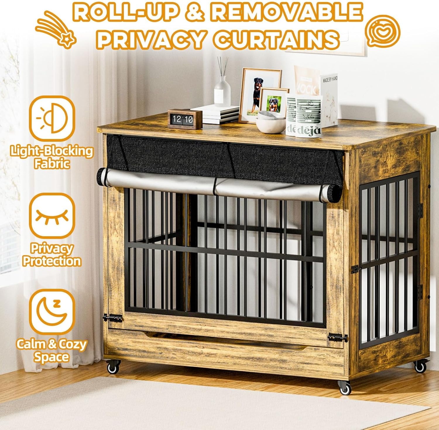 46" Large Dog Crate Furniture, Double Door Wooden Indoor Dog Kennel End Table with Wheels, Decorative Pet Cage for Extra Large Breeds, Rustic Brown