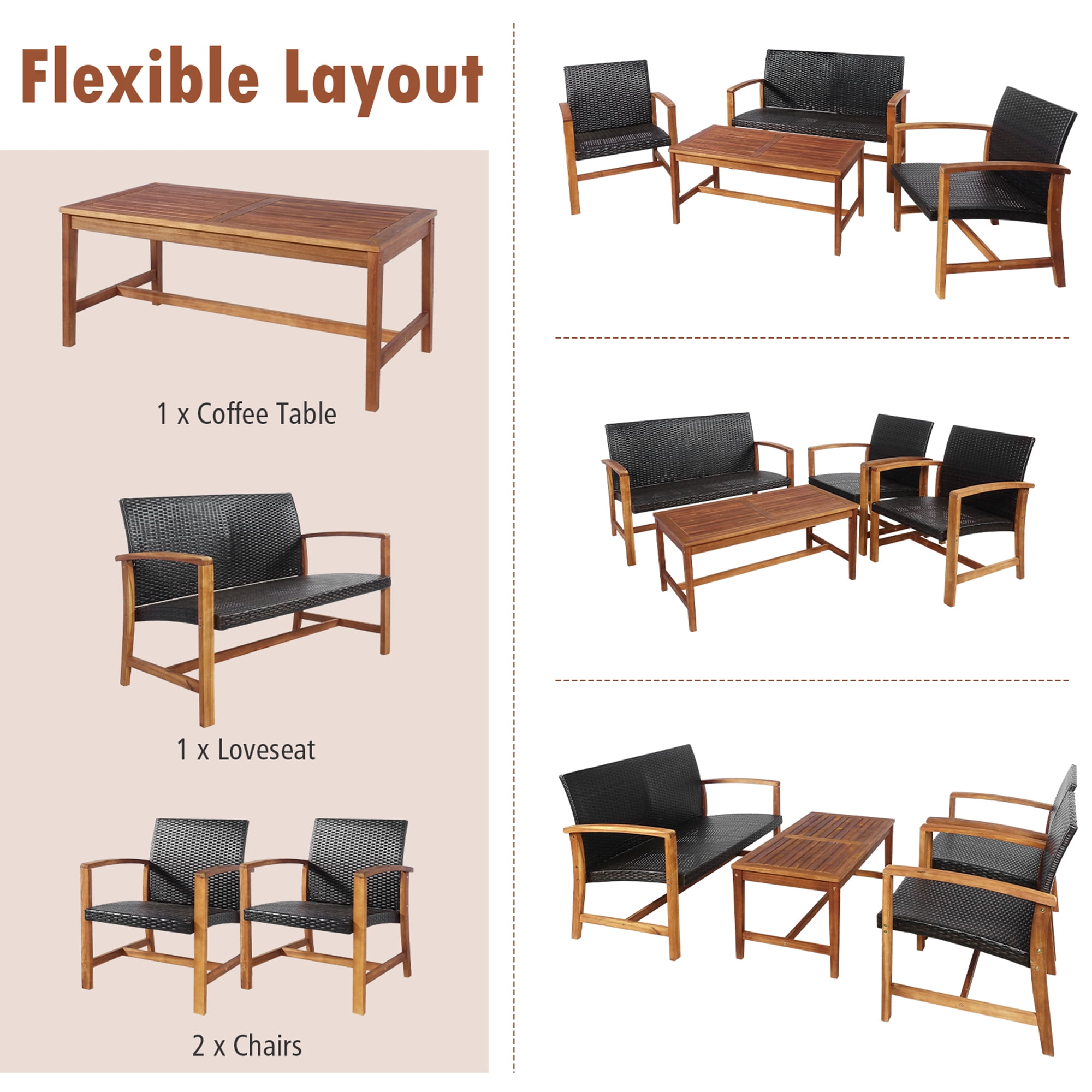 Gymax 8PCS Patio Conversation Set Outdoor Furniture Set w/ Acacia Wood Frame