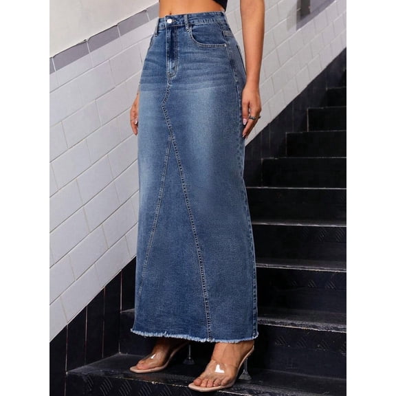 Womens Medium Wash Maxi Denim Skirt With Asymmetrical Seam And Frayed Hem