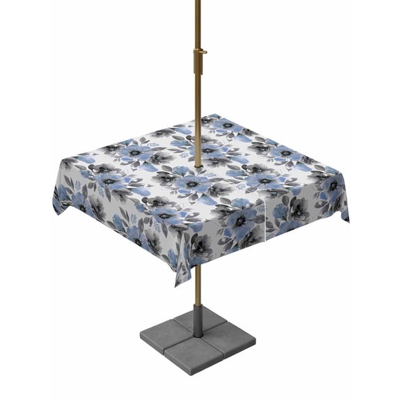 Outdoor Tablecloths with Umbrella Hole & Zipper, Blue Floral 60x60 Inch Square Tablecloths, Abstract Watercolor Flower Leaf Plant Waterproof Table Cloth, Patio/Pool/Picnic Table Covers