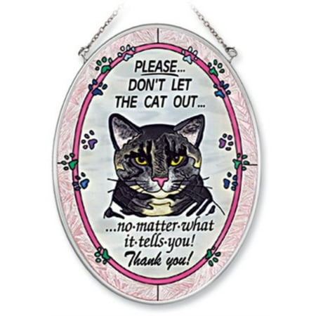 Glass Serenity Suncatcher - Amia 7088 Medium Oval Suncatcher with Cat Design, Hand-painted Glass, 5-1/2-Inch W by 7-Inch L