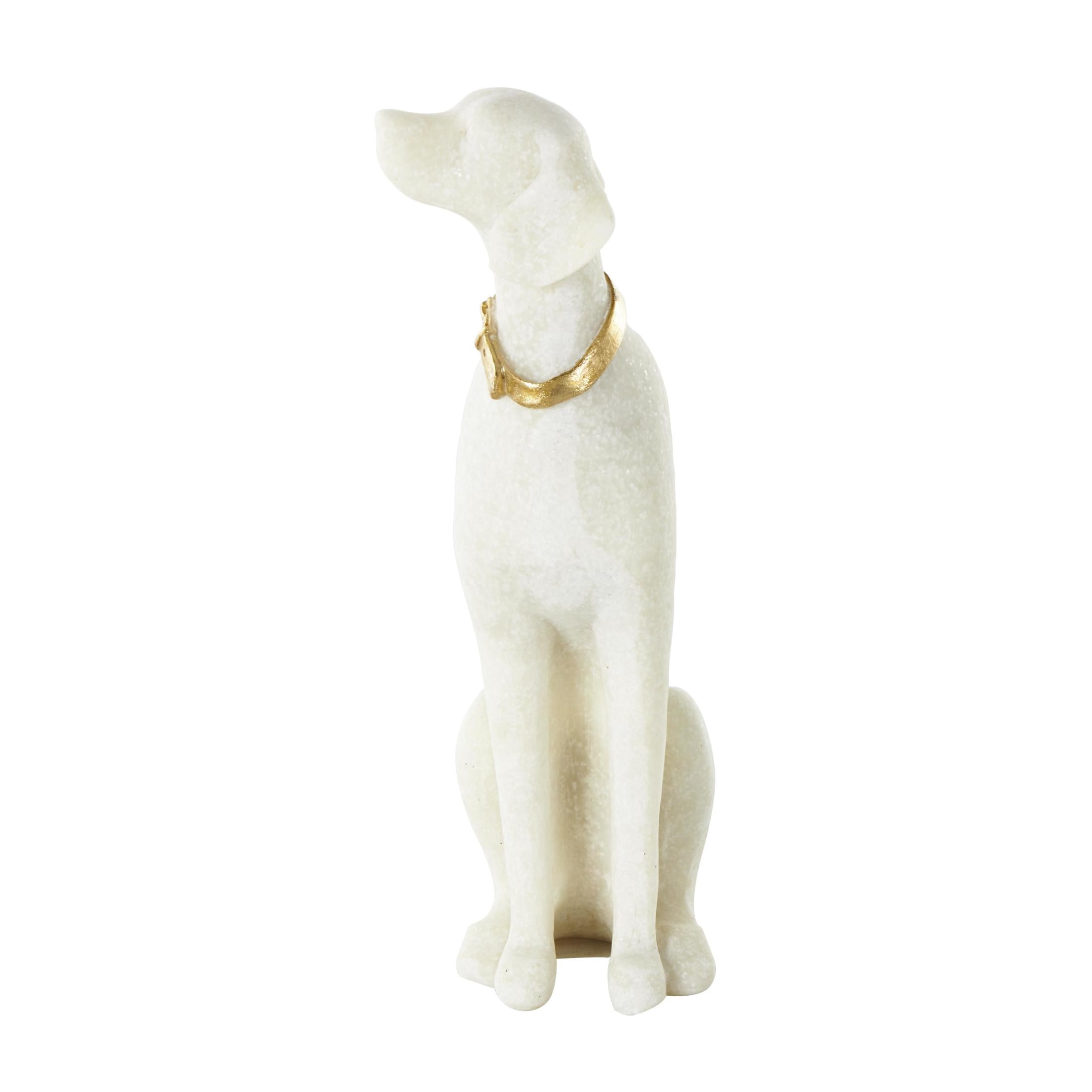 3" x 10" Cream Polystone Sitting Dog Sculpture with Gold Collar, by DecMode