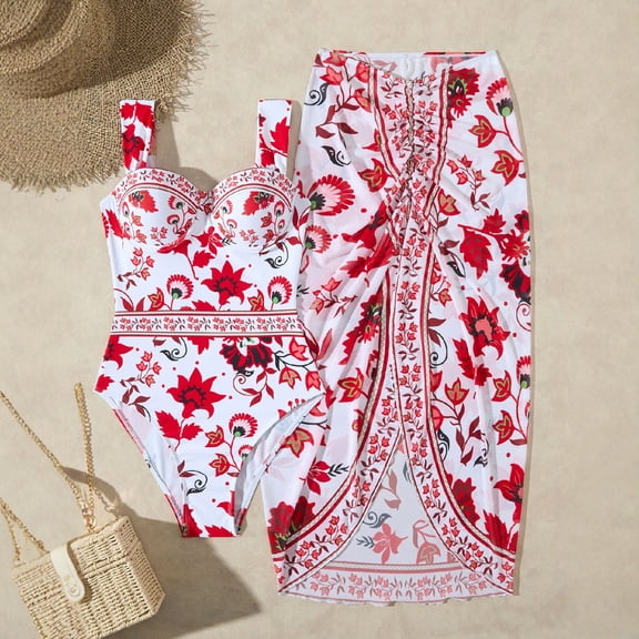 Gymvis Bathing Suit for Women,One Piece Bathing Suits for Women,Print Swimsuit Set,Red