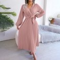 thumbnail image 3 of qafoshin Fall Pleated Dresses for Women V Neck Long Sleeve Midi Dress Waistband Classic Ruched Dress, 3 of 7