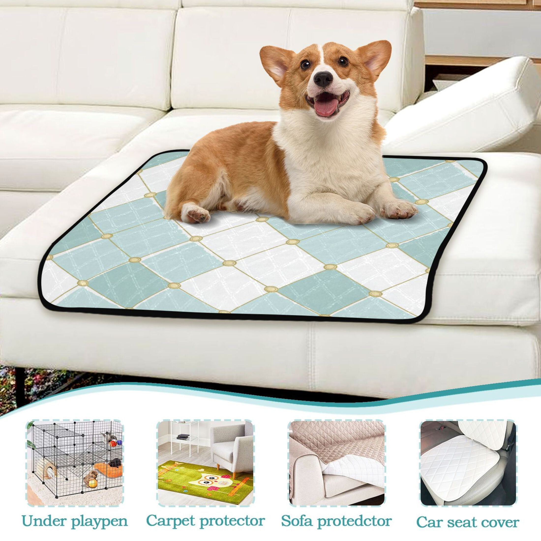 Washable Pet Pee Pads with Super Absorbent Reusable Training Pads for Dogs & Cats Pastel Teal Diamond Plaid