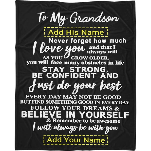 LHSHID Custom Grandson Blanket from Grandma Grandpa Personalized Boy Name Gift Super Soft Lightweight Throws Summer Travel Blankets Birthday Present Decor Bed Couch Sofa