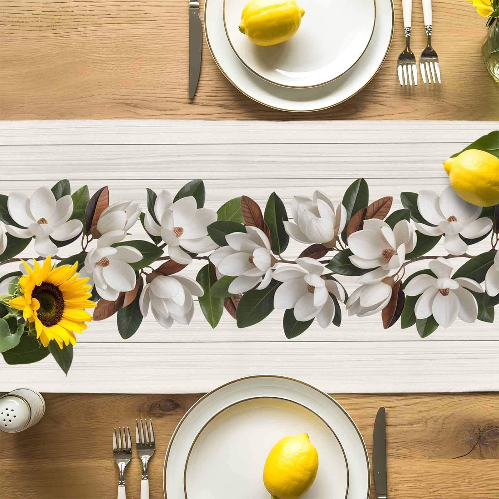 Magnolia Plant Flower Table Runner 90 Inches Long, Farm Vintage Wood Grain Table Runners Tabletop Scarf Kitchen Dining Tables Decoration for Home Party Indoor Outdoor