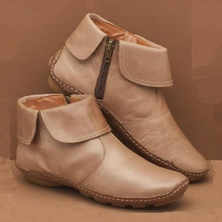 

Zhaomeidaxi Newest Womens Walking Arch Support Boots Leather Retro Comfy Flat Heel Ankle Booties Shoes Retro Side Zip Booties