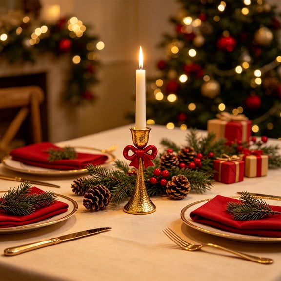 Christmas Taper Candle Vintage Golden Candlestick with Red Bow, Festive Tabletop Candle Holder, for Mantel Dining Table and Holiday Centerpiece Decor
