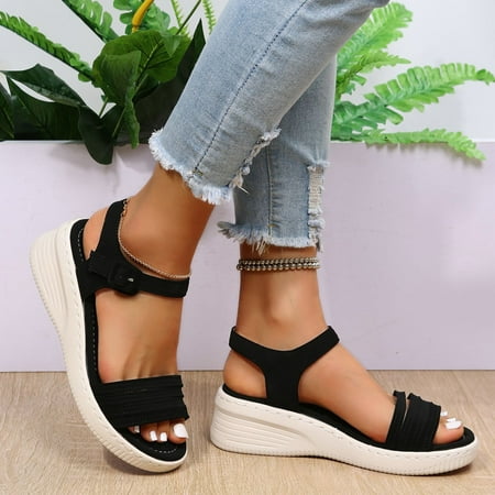 

Dpityserensio Summer Women Thick Bottom Slope Heel Shoes Beach Roman Casual Slippers Sandals Summer Women Sandals Clearance Black 6(37)
