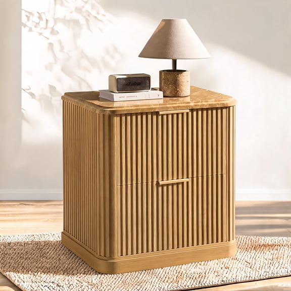 Fluted Nightstand, Wood Night Stand with Charging Station and 2 Storage Drawers, 22.8" Wide Faux Marble Top Bedside Table for Bedroom, Living Room, Natural Oak