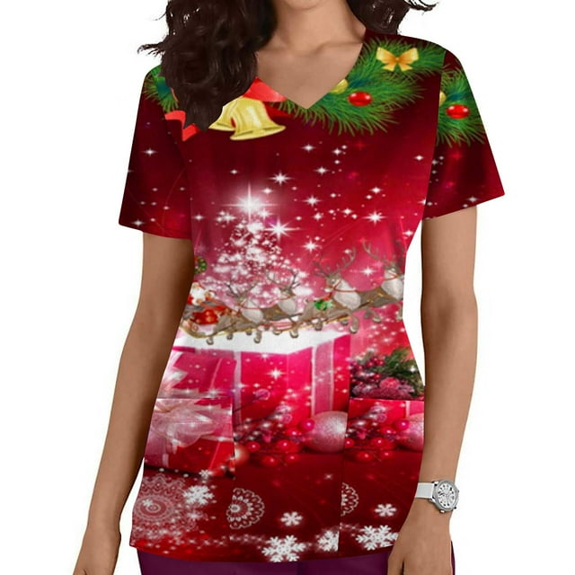LSLJS Christmas Blouse de Soins Infirmiers de Noël pour Femmes, Imprimé, Col en V, Manches Courtes, avec Poche, Scrub Tops
