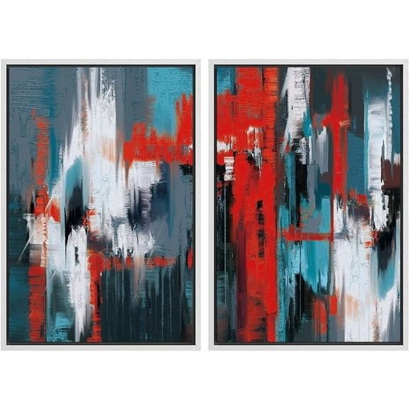 PixonSign Framed Canvas Print Wall Art Set Red Industrial Brushstrokes Geometric Shapes Illustrations Modern Art Contemporary Colorful Ultra for Living Room, Bedroom, Office - 24"x36"x2 WHITE