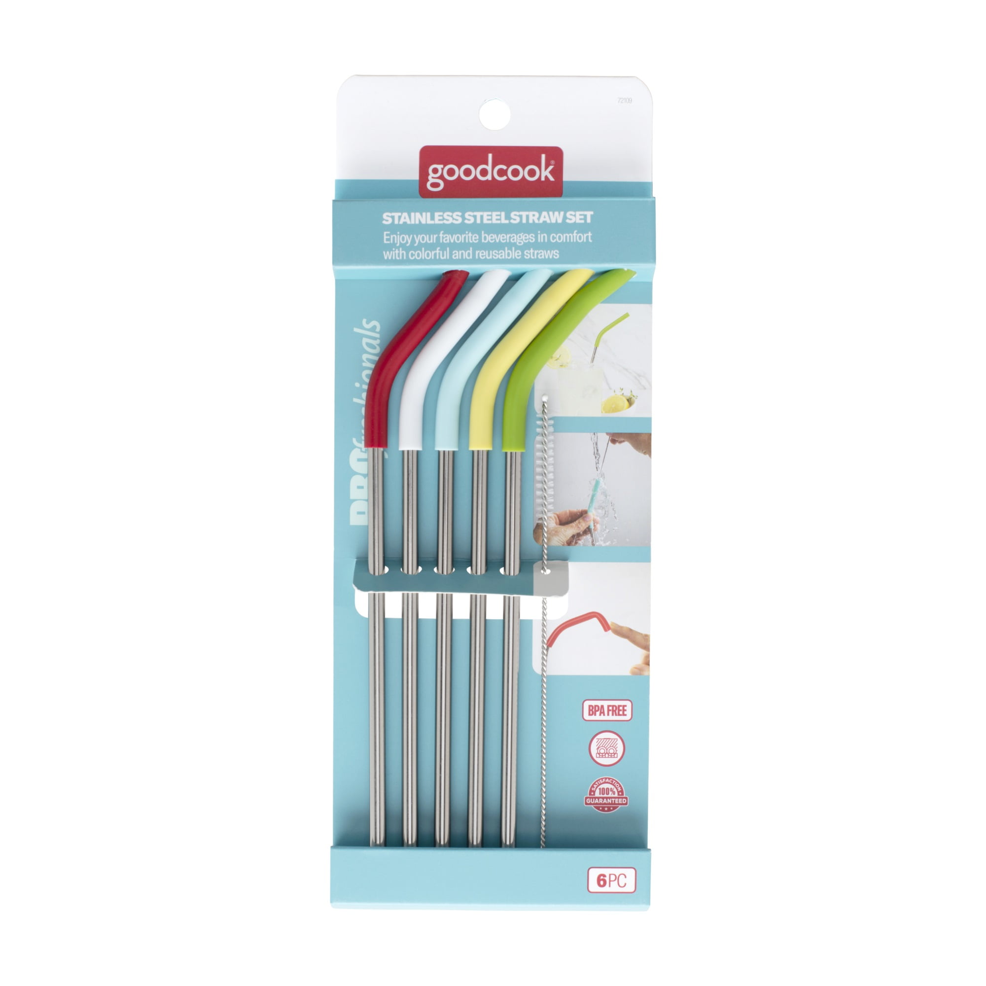 GoodCook Profreshionals Stainless Steel Reusable Straws with Cleaning Brush, Pack of 5