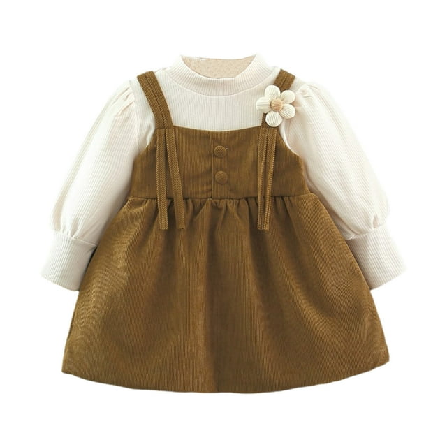 FAIWAD Toddler Baby Girl Fleece Lined Dress Long Sleeve Round Neck Patchwork Dresses Ribbed Spring Dress