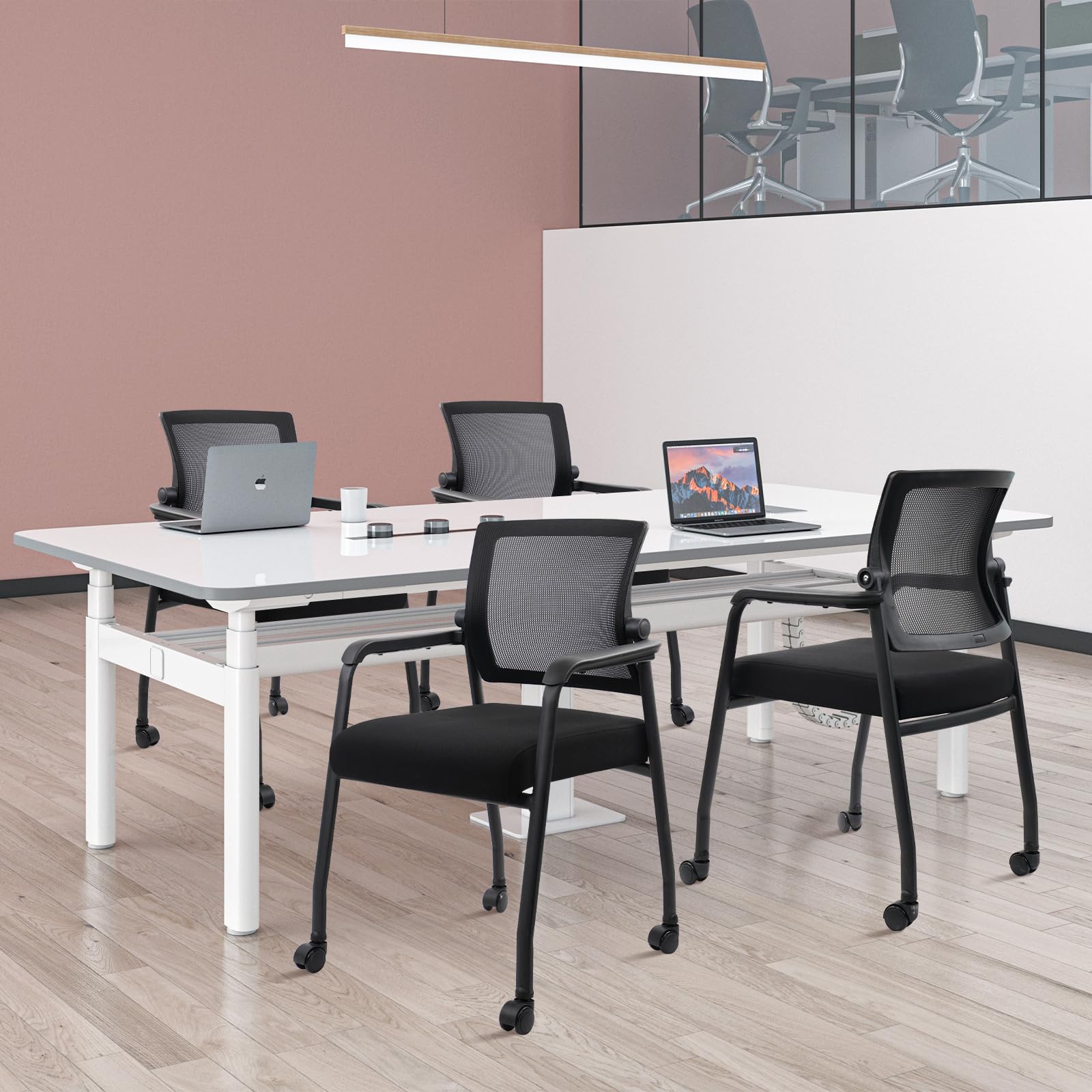 KLASIKA Waiting Room Chairs with Wheels, Adjustable Mesh Backrest, Desk Chair with Ergonomic Lumbar Support and Thickened Seats Cushion, 4 Pack Black