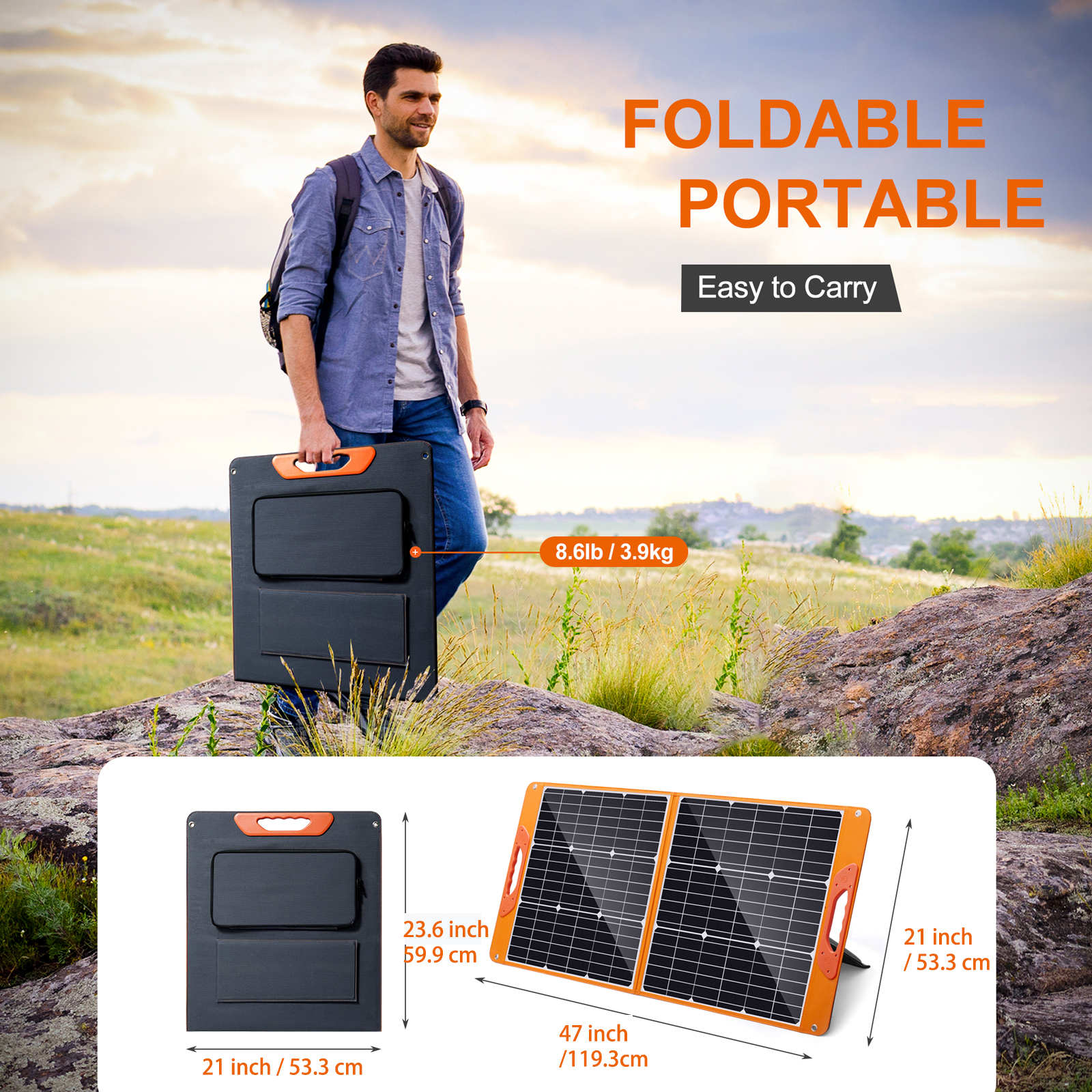 SOLUPUP 100 Watt Portable Solar Panel for Power Station, Monocrystalline Foldable Panel Solar with 5V USB 18V DC Output, Perfect for Camping Hiking Off-Grid Living（Orange)