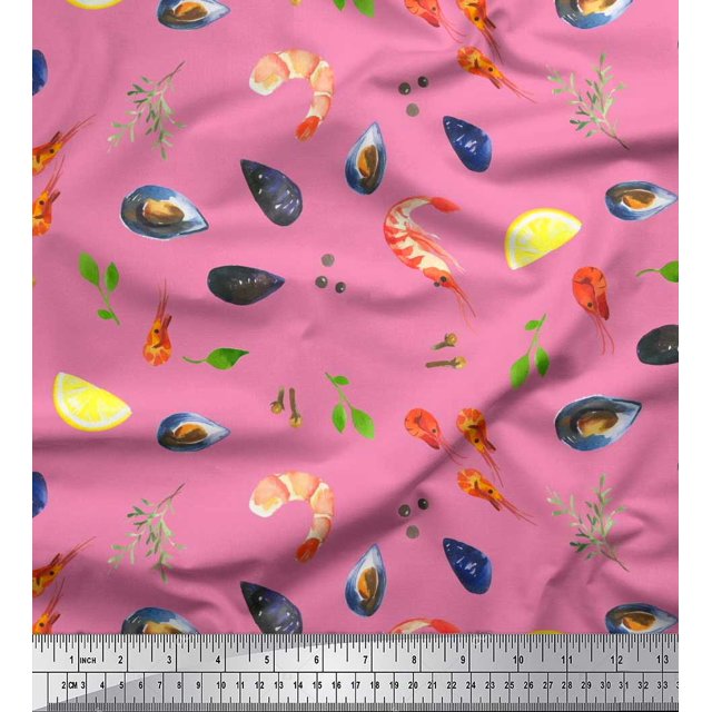 Soimoi Rayon Fabric Gemstone,Lemon Slice & Prawns Food Printed Fabric 1 Yard 42 Inch Wide