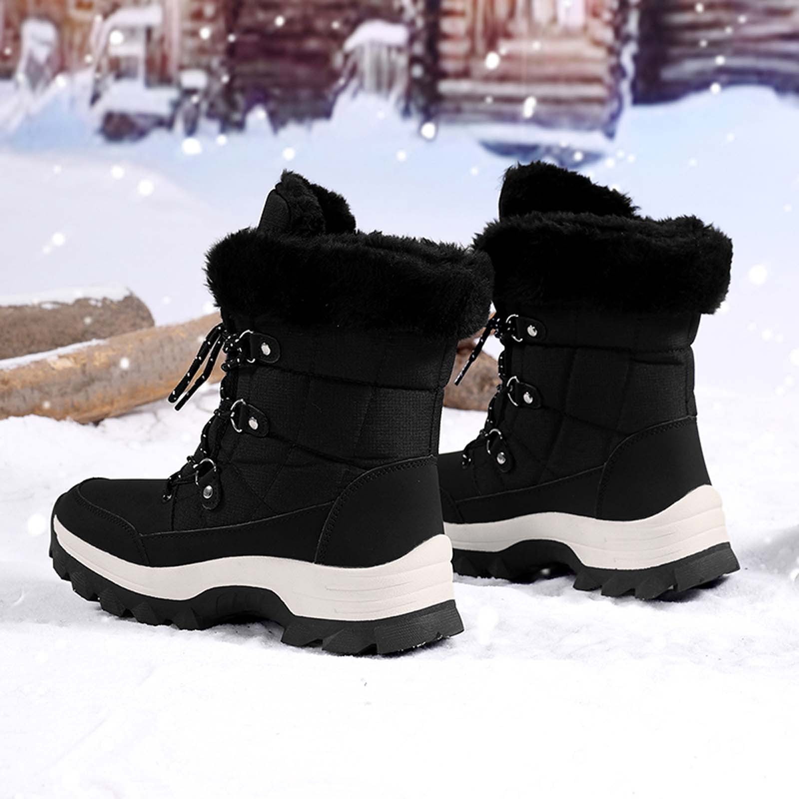 Gyexs Womens Winter Snow Boots Waterproof Shoes Walking Comfortable Hiking Tennis Booties Furry Mid Calf Warm Lightweight Sports Shoes, White, Size 7
