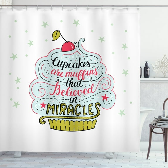 Funny Words Shower Curtain, Artful Cupcake Motif with Cherry on Top Believe in Miracles Phrase Bakery Theme, Fabric Bathroom Set with Hooks, 69W X 84L Inches Extra Long, Multicolor, by Ambesonne