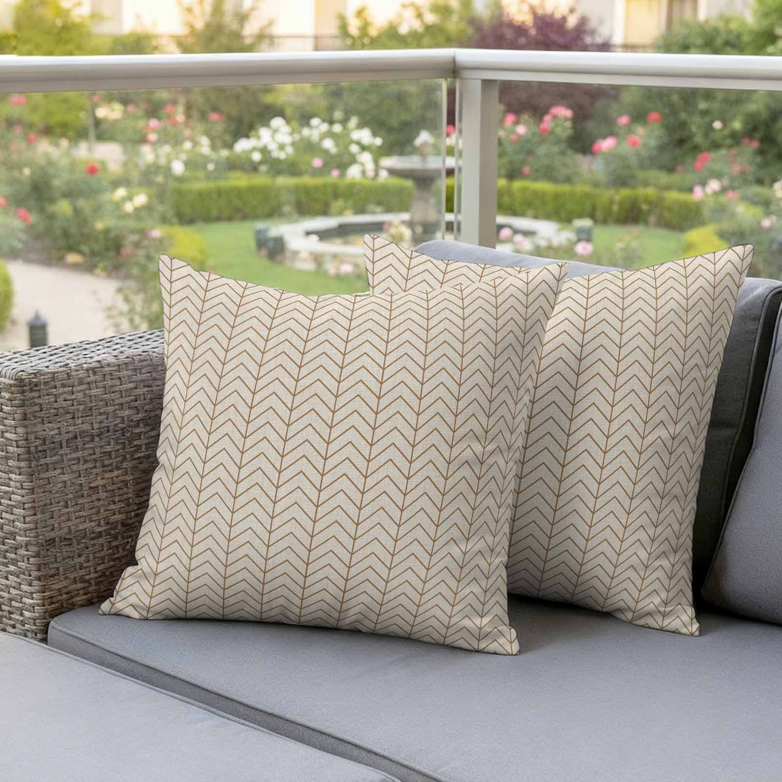 Simple Line Linen Texture Outdoor Waterproof Pillow Covers, Beige Modern Art Geometric Decorative Square Throw Pillowcase Sofa Cushion Sham for Patio/Couch/Chair, 24"x24" 2 Pack