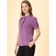 thumbnail image 4 of Tops de blusa de trabajo con cuello redondo y mangas cortas con tapeta de medio botón con volantes para mujer Púrpura L, 4 of 6