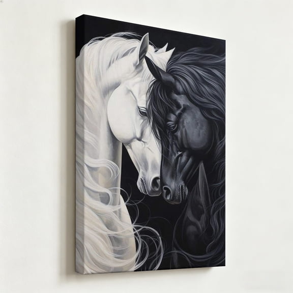 "Eternal Bond" Monochrome Stallions Canvas Art, Black and White Horses Portrait Painting Print, Matte Finish Gallery Wrapped Dramatic Wildlife Wall Decor 8*12