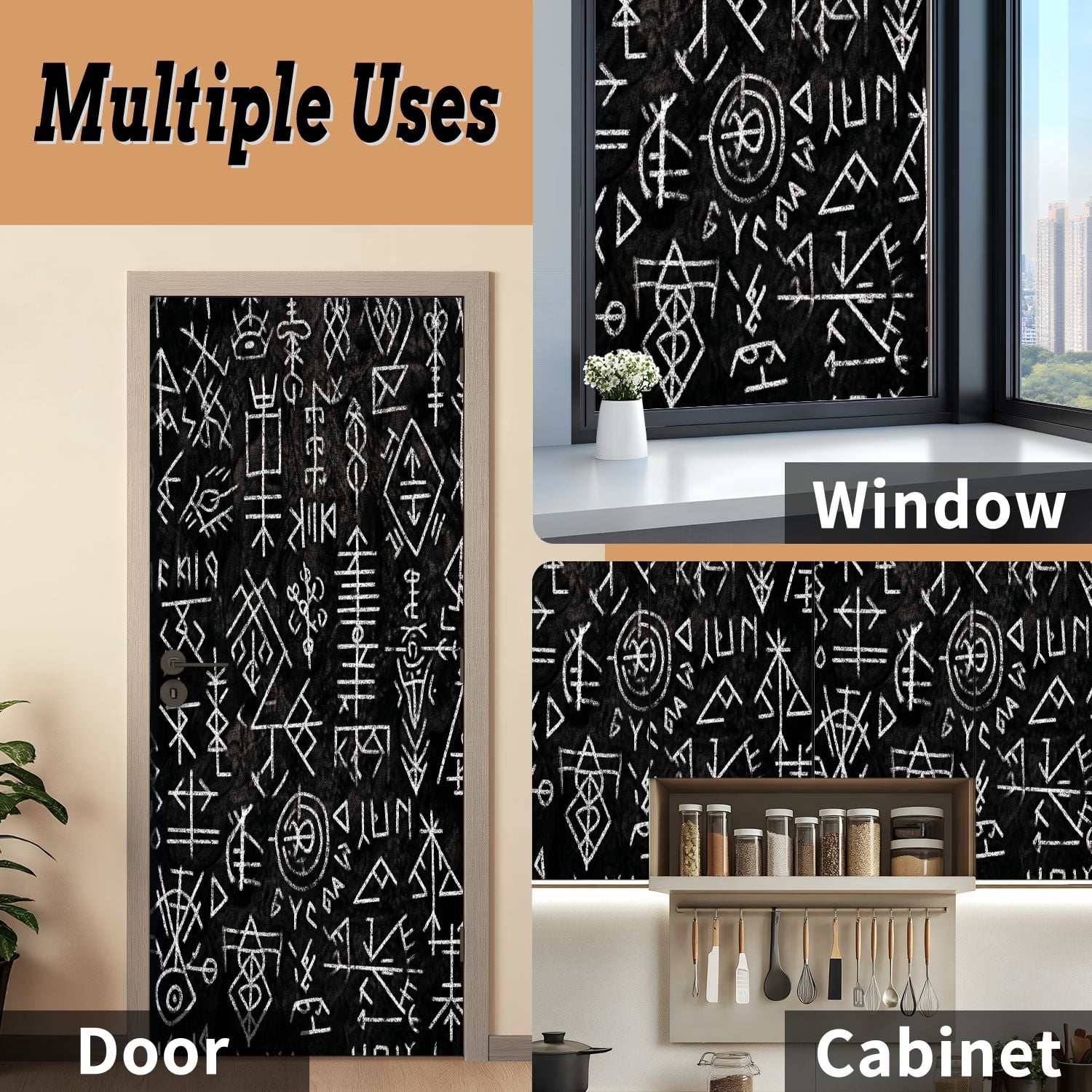 Self Adhesive Vinyl Refrigerator Wrap Set Futhark islandic seamless Magic hand Door Mural Removable Fridge Sticker Peel and Stick&nbsp;Full Door Cover Decal Kitchen Bar Decor