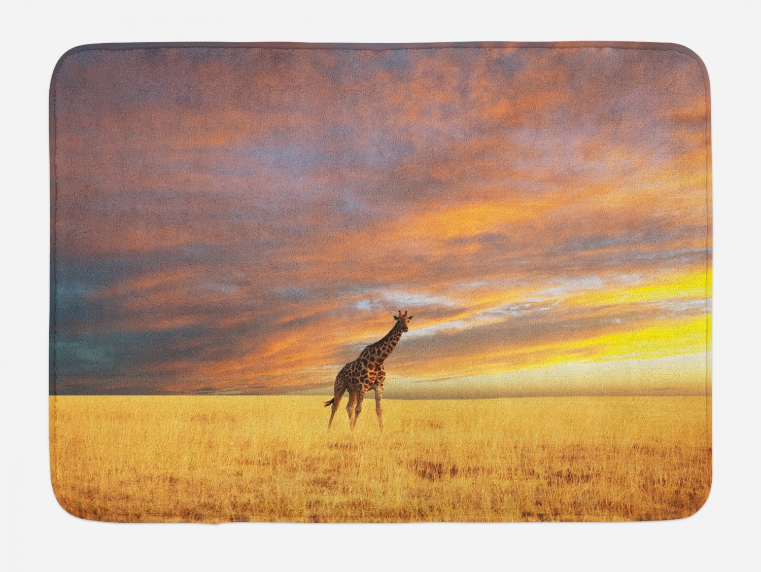 Giraffe Bath Mat, Animal in Savannah under Clouds at Sunset African