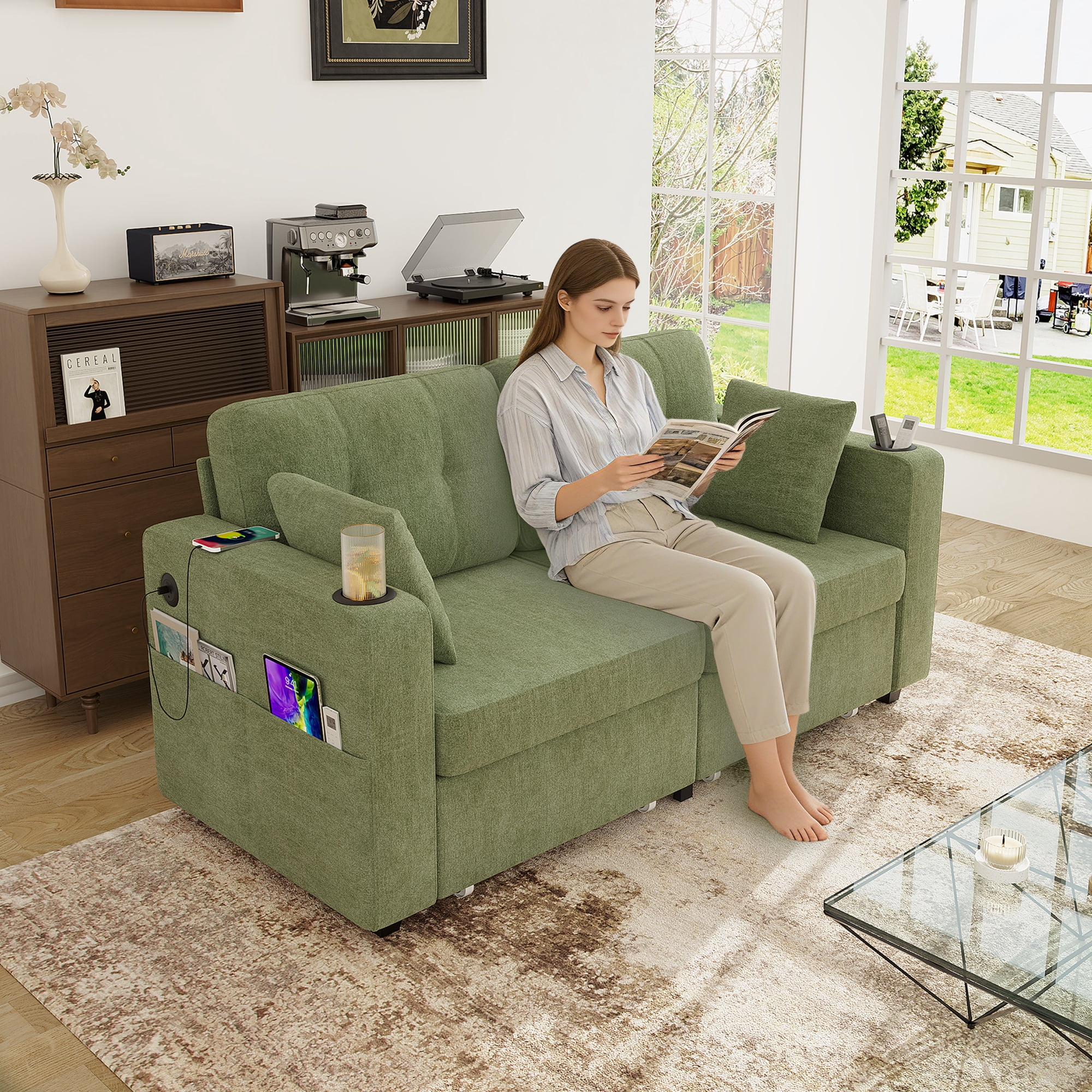 68" Chenille Two Seater Couch, Living Room Loveseat with Usb Charging, Upholstered Loveseat with Storage for Living Room, Olive