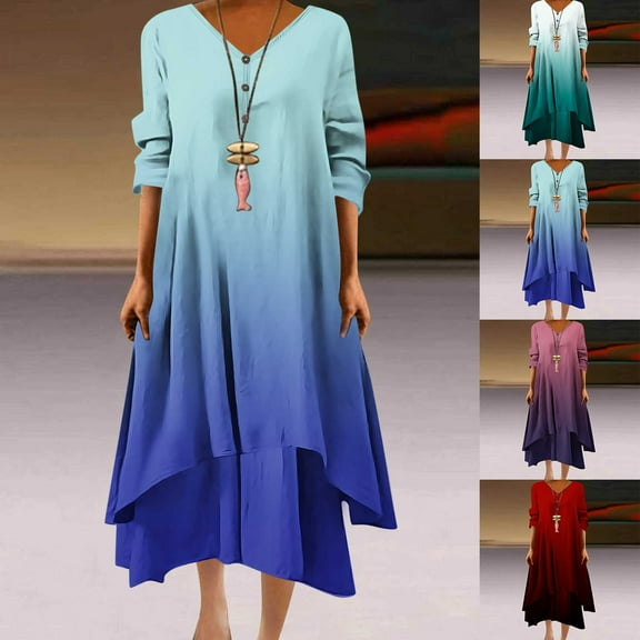 Oksale Asymmetrical Hem Midi Dresses for Women Plus Size Trendy Gradient Dress 3/4 Sleeve Dresses with Button Dector V Neck Dress Pink S