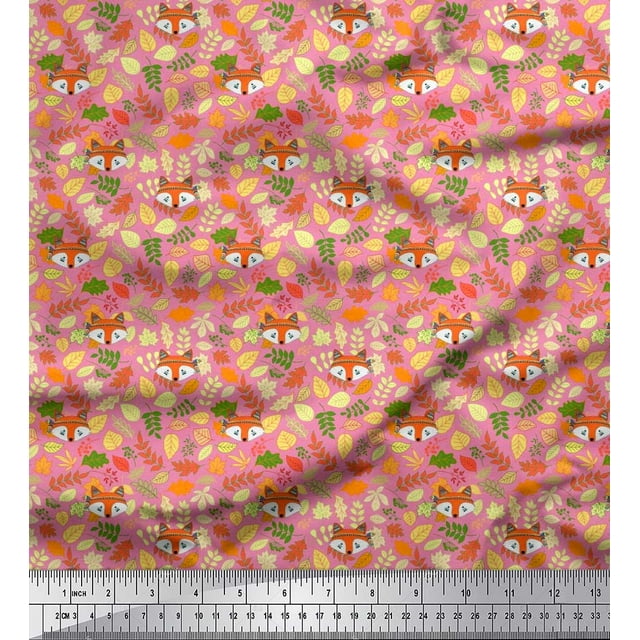 Soimoi Polyester Crepe Fabric Leaves & Fox Face Cartoon Fabric Prints by Yard 52 Inch Wide