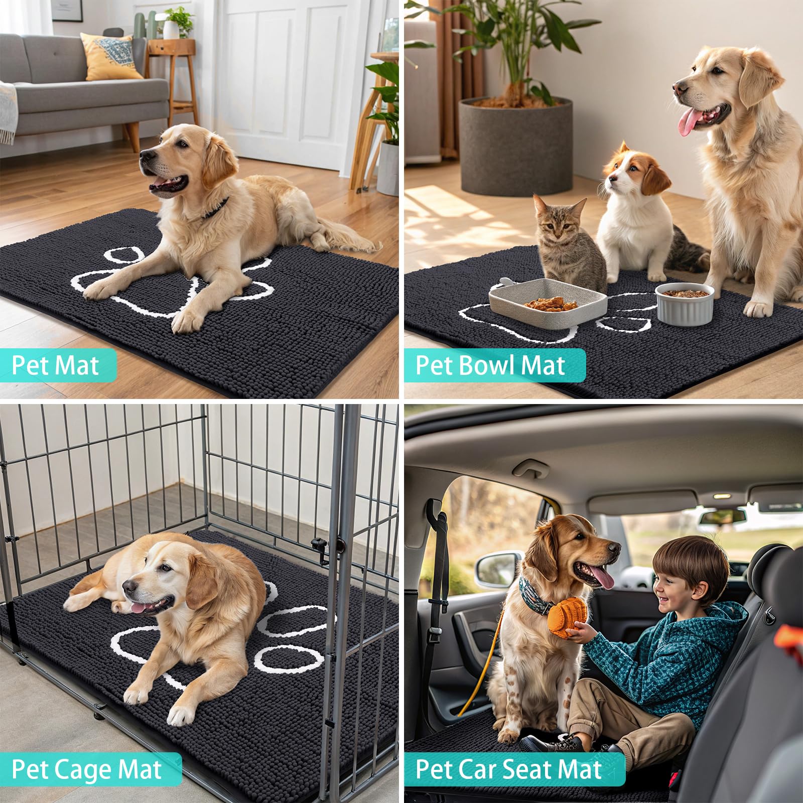 Buganda Dog Door Mats for Muddy Paws, Washable Dirt Trapper Front Door Rugs, Non-Slip Absorbent Chenille Indoor Doormats(30"x20", Black)