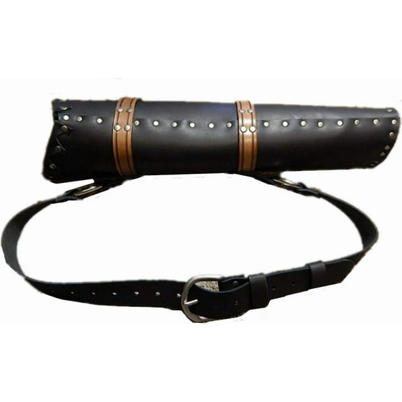 Medieval Retro Back Quiver Bow Leather Arrow Holder with Large Pouch Handmade Straps Belt Bag (Black, ONE Size)