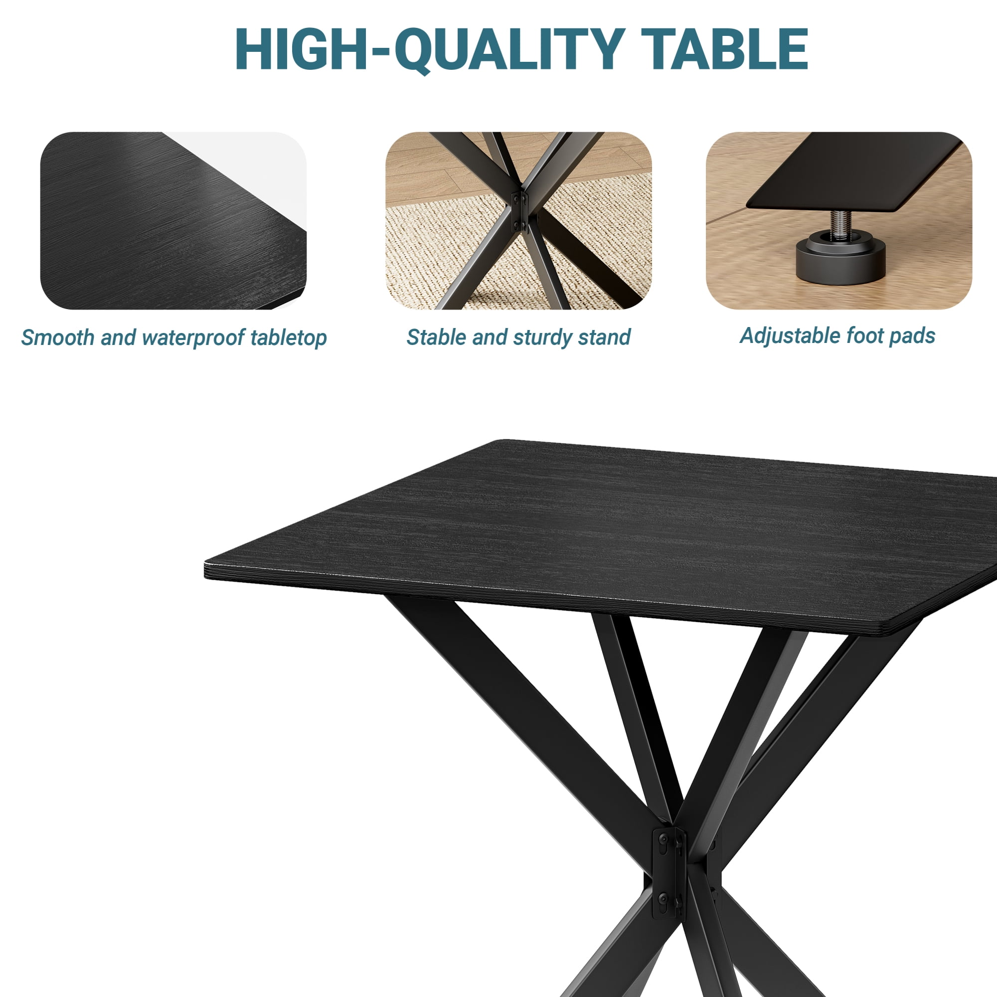 Leumius Rustic Square Side Table, X-Frame Metal Legs with Wood Grain Tabletop, Industrial Accent End Table for Living Room Bedroom Home Office Balck