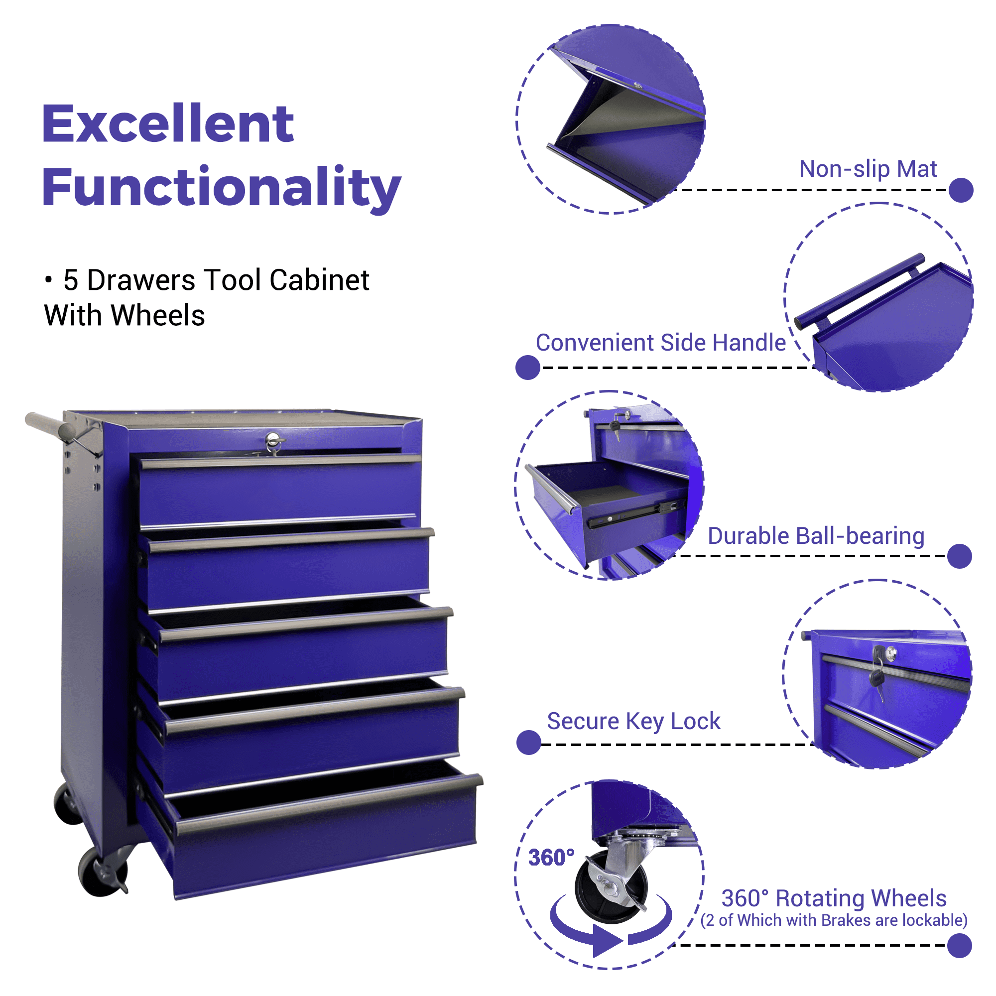 Rolling Metal Tool Chest,20 Inch 5-Drawer Tool Storage Cabinet with Lockable Casters & Steel Top Work Surface, Removable Tool Box, Mobile Tool Cart Organizer for Garage Workshop,Purple