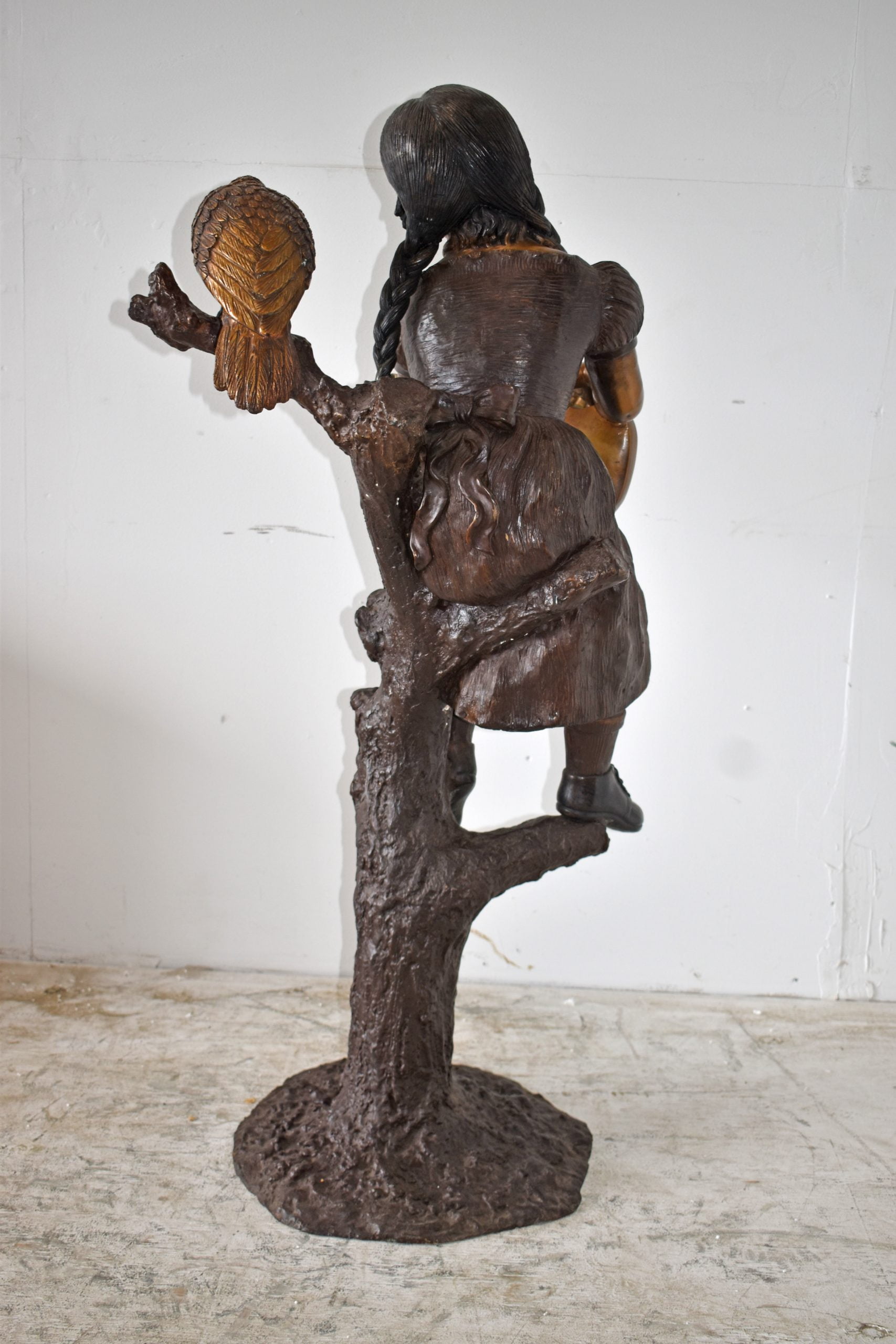 Nifao Girl on a Tree Playing the Ukulele with a Parrot Bronze Statue – Garden Outdoor Decor Sculpture, 25"L x 23"W x 50"H