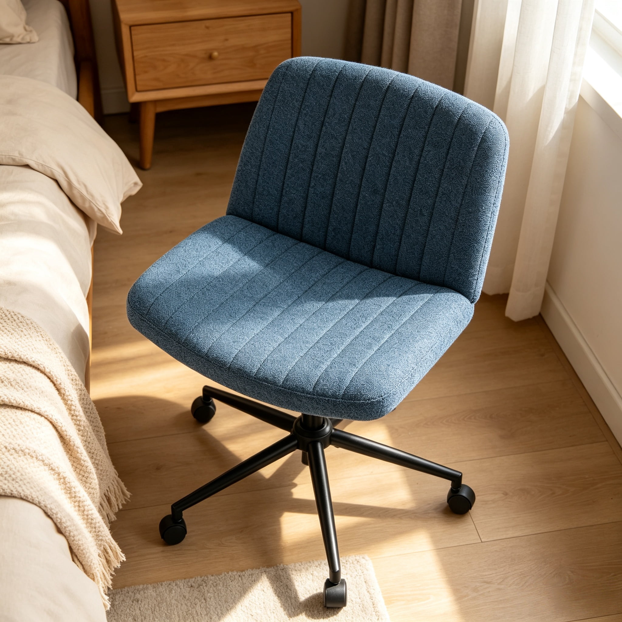 Office Desk and Vanity Chair, Armless Cross-Legged Swivel Task Chair with Wide Fabric Seat, Height Adjustment, and Replaceable Wheels or Fixed Base