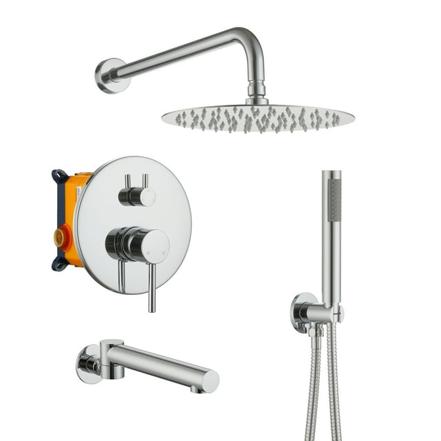Boyel Living Shower System 10 in Wall Mount Rainfall Shower Head with Handheld Shower and Bathtub Tub Spout,3-function Bathroom Round Shower Combo Set ,Shower Set Tub Faucet in Chrome