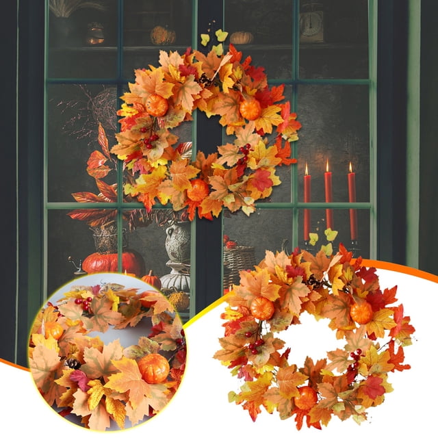 HaoXun Couronne de Récolte Réaliste d'Automne Fabriquée à la Main avec Citrouille Simulée, Feuilles d'Érable, Pommeaux de Pin et Baies - Décoration Durable d'Halloween et de l'Action de Grâce pour Portes, Fenêtres et Cours