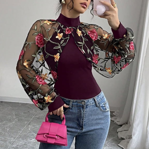 Uootdi Womens Sheer Floral Embroidered Block Tops Stand Collar Balloon Sleeves Cropped Boleros Casual Evening Wear Chic Outfit Gift
