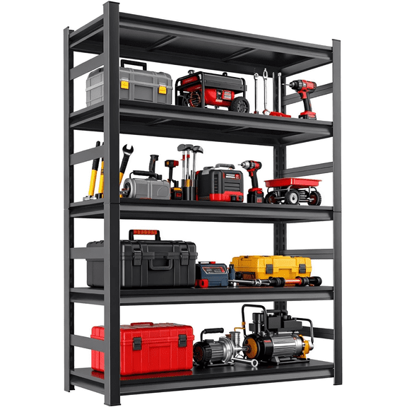 48" W Garage Shelving Heavy Duty, 5 Tier Metal Storage Shelves, 3000lb Adjustable Shelving Unit, Upgraded Reinforced Two-Layer Columns, 78" H x 18" D Shelf for Basement Warehouse Industrial, Black