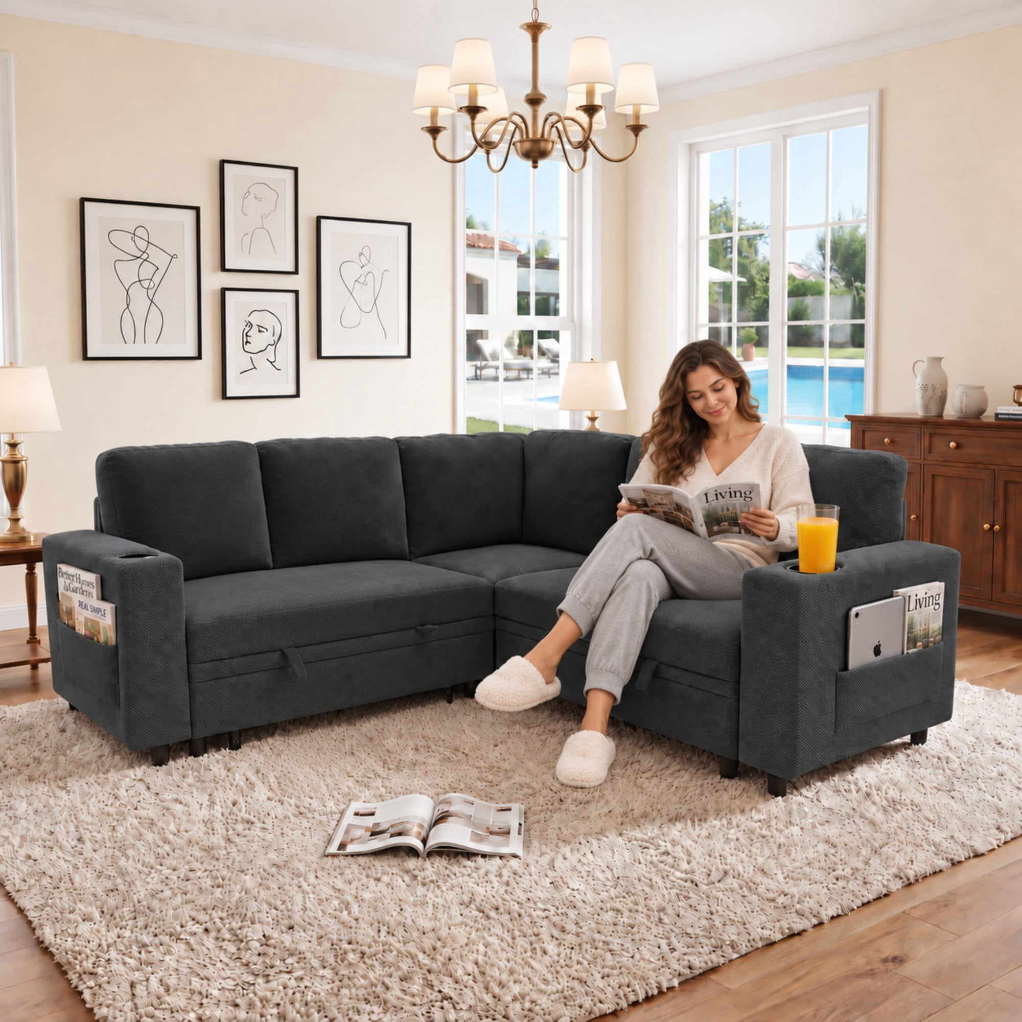 BSHTI 76.5" Polyester L-Shaped Sectional Sofa Bed with Hidden Storage, Cup Holders, Side Pockets, Pull-Out Design for Living Room(Dark Gray)