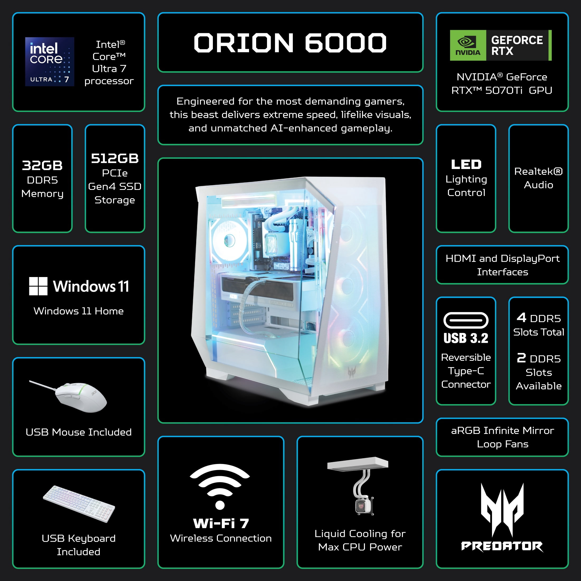 Acer Predator Orion 6000 Gaming Desktop, Intel Core Ultra 7 265KF, NVIDIA GeForce RTX 5070 Ti, 32GB DDR5, 1TB PCIe 4.0 SSD, PO6-605-UR15W, White (Software Offer with Purchase)