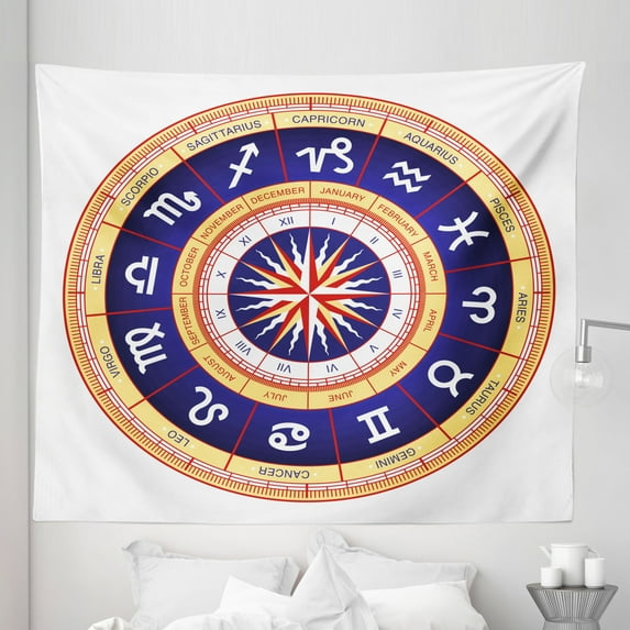 Astrology Tapestry, Astrological Wheel Cancer Leo Virgo Libra Scorpio Image, Fabric Wall Hanging Decor for Bedroom Living Room Dorm, 5 Sizes, Navy Blue Yellow, by Ambesonne