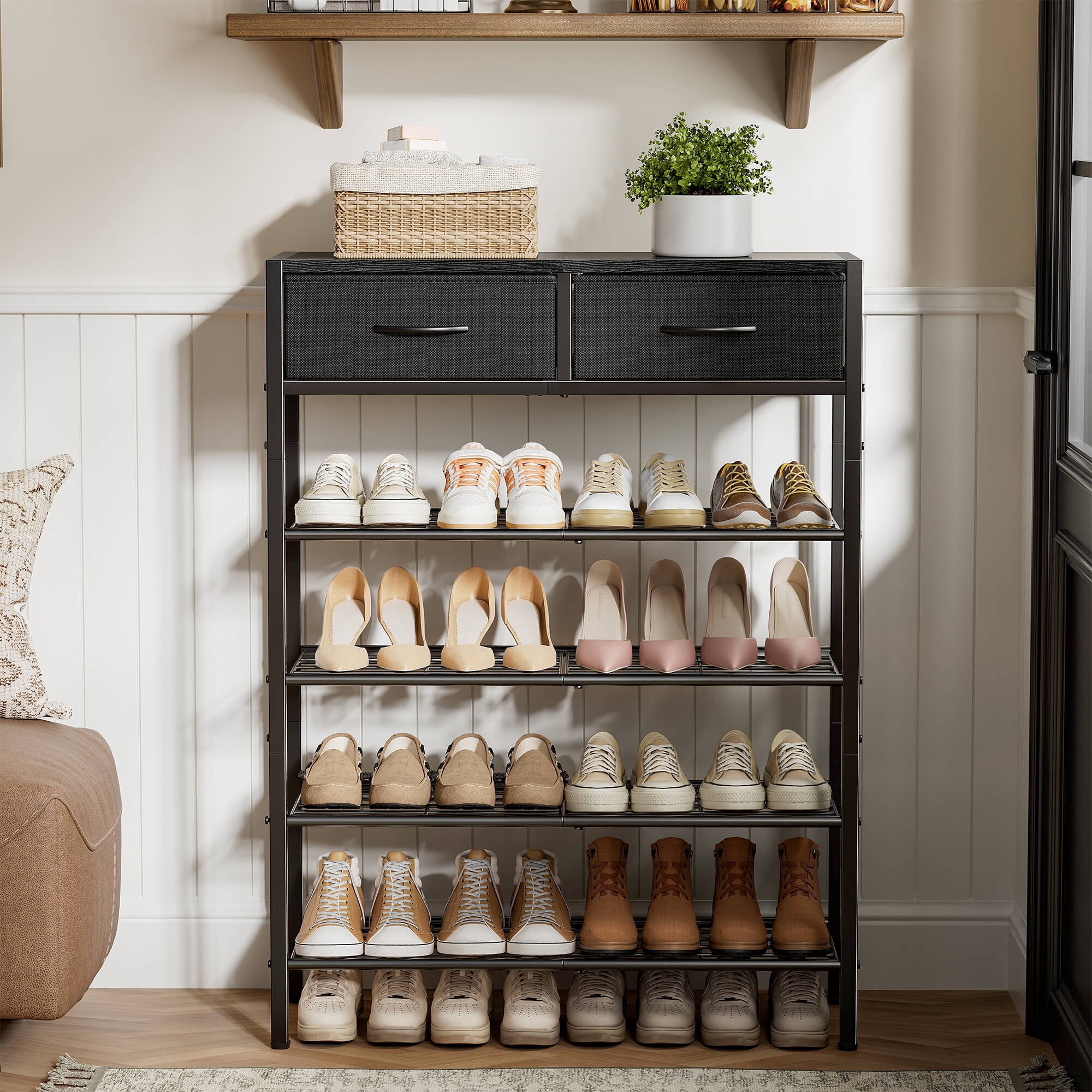 BGTREND 5-Tier Shoe Rack Organizer with Wooden Top and 2 Fabric Drawers, Shoe Stand Shelf for Entryway Hallway, Black